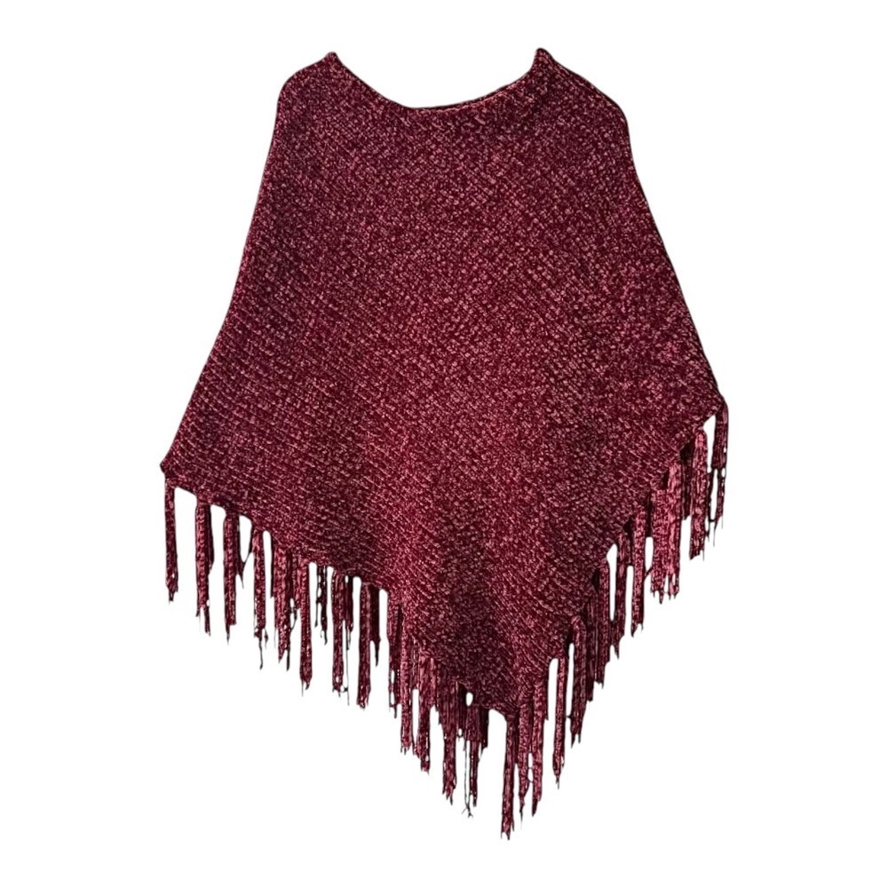 🌴 Burgundy Chenille Knit Fringe Poncho Wrap Asymmetrical Boat Neck Deep Red OS